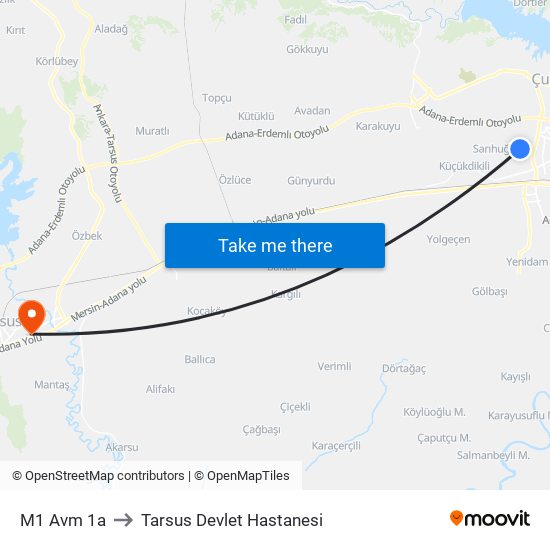 M1 Avm 1a to Tarsus Devlet Hastanesi map