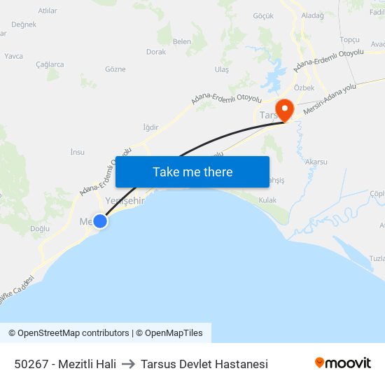 50267 - Mezitli Hali to Tarsus Devlet Hastanesi map