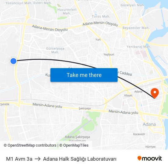 M1 Avm 3a to Adana Halk Sağlığı Laboratuvarı map