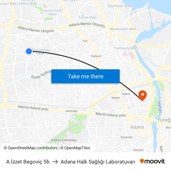 A.İzzet Begoviç 5b to Adana Halk Sağlığı Laboratuvarı map