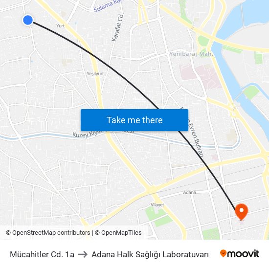 Mücahitler Cd. 1a to Adana Halk Sağlığı Laboratuvarı map