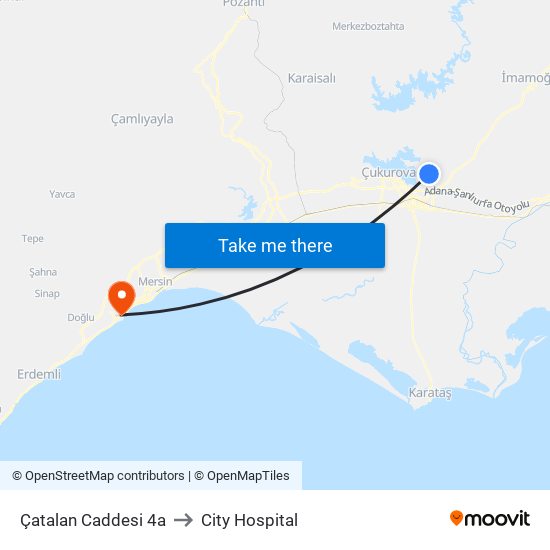 Çatalan Caddesi 4a to City Hospital map