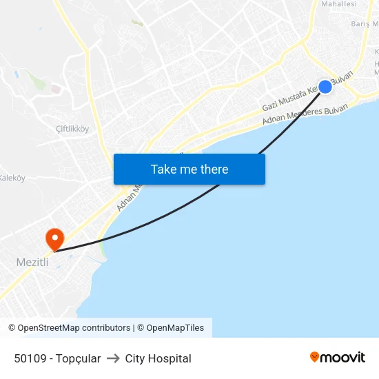 50109 - Topçular to City Hospital map