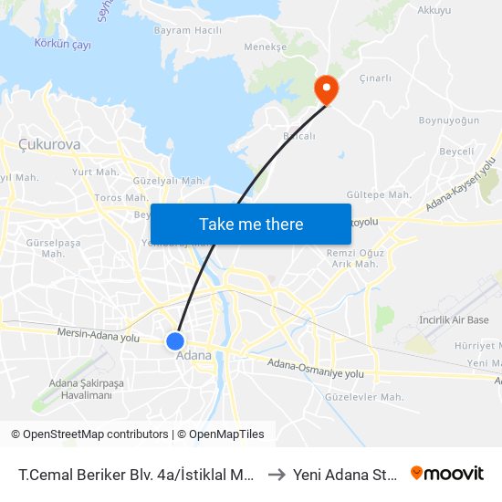 T.Cemal Beriker Blv. 4a/İstiklal Metro to Yeni Adana Stadı map