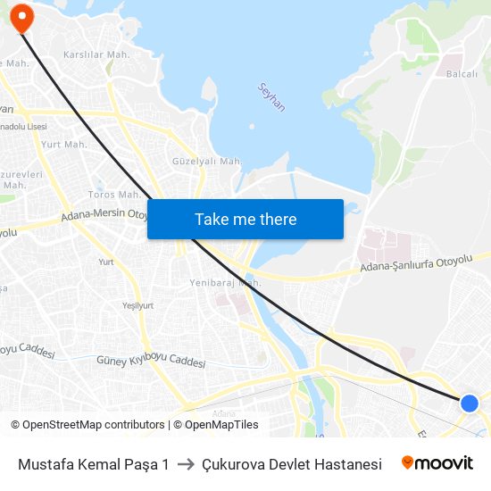 Mustafa Kemal Paşa 1 to Çukurova Devlet Hastanesi map