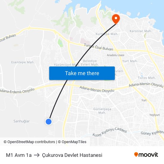 M1 Avm 1a to Çukurova Devlet Hastanesi map