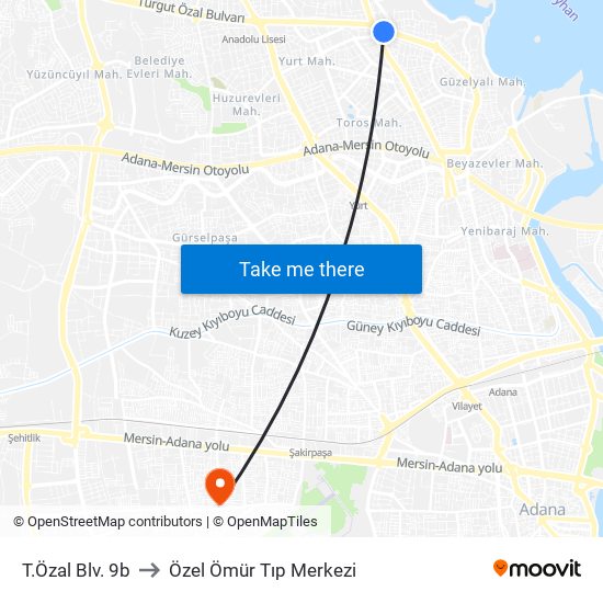 T.Özal Blv. 9b to Özel Ömür Tıp Merkezi map