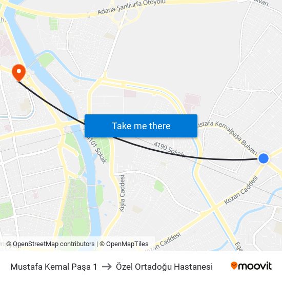 Mustafa Kemal Paşa 1 to Özel Ortadoğu Hastanesi map