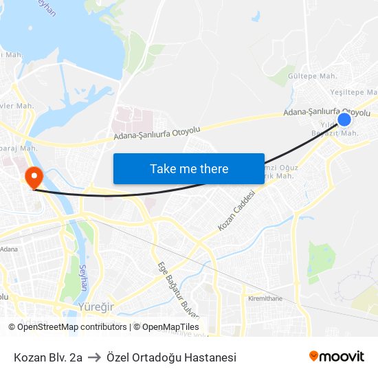 Kozan Blv. 2a to Özel Ortadoğu Hastanesi map