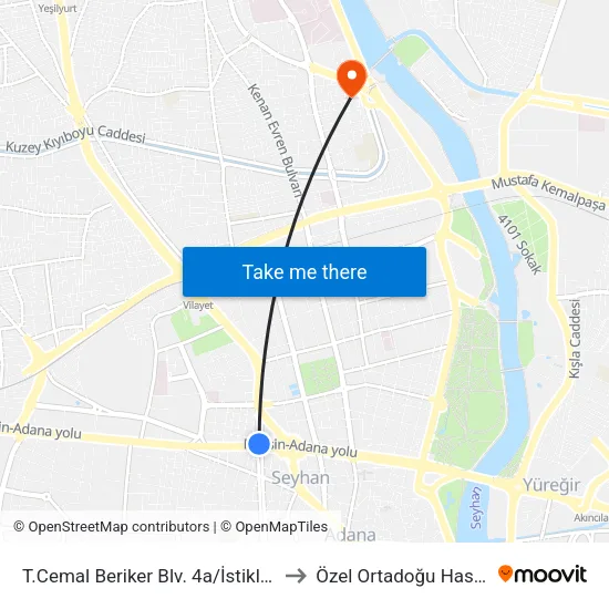T.Cemal Beriker Blv. 4a/İstiklal Metro to Özel Ortadoğu Hastanesi map