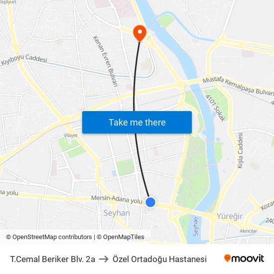 T.Cemal Beriker Blv. 2a to Özel Ortadoğu Hastanesi map