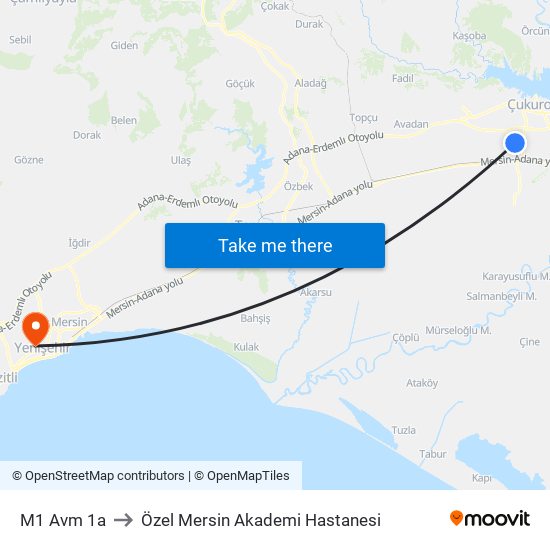 M1 Avm 1a to Özel Mersin Akademi Hastanesi map