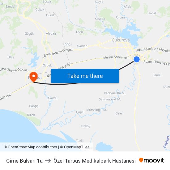Girne Bulvari 1a to Özel Tarsus Medikalpark Hastanesi map