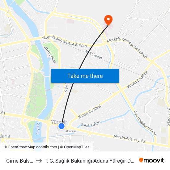 Girne Bulvari 1a to T. C. Sağlık Bakanlığı Adana Yüreğir Devlet Hastanesi map