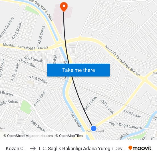 Kozan Cd. 5a to T. C. Sağlık Bakanlığı Adana Yüreğir Devlet Hastanesi map