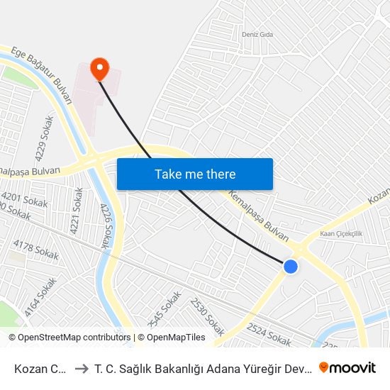 Kozan Cd. 8a to T. C. Sağlık Bakanlığı Adana Yüreğir Devlet Hastanesi map