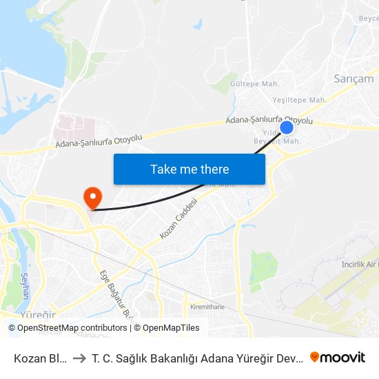 Kozan Blv. 2a to T. C. Sağlık Bakanlığı Adana Yüreğir Devlet Hastanesi map