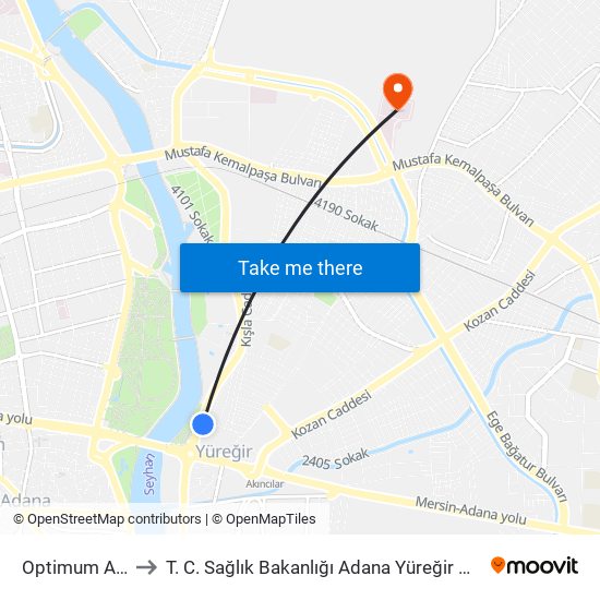 Optimum Avm 1b to T. C. Sağlık Bakanlığı Adana Yüreğir Devlet Hastanesi map