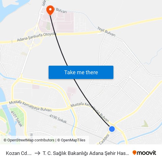 Kozan Cd. 8a to T. C. Sağlık Bakanlığı Adana Şehir Hastanesi map