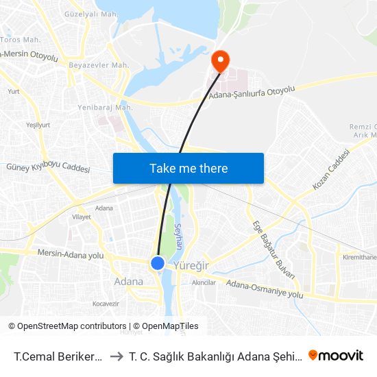 T.Cemal Beriker Blv. 1a to T. C. Sağlık Bakanlığı Adana Şehir Hastanesi map