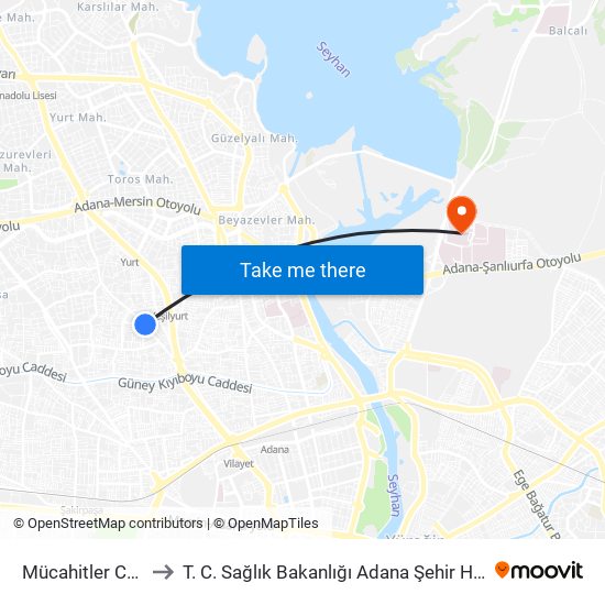 Mücahitler Cd. 6a to T. C. Sağlık Bakanlığı Adana Şehir Hastanesi map