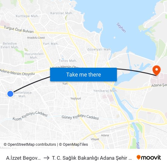 A.İzzet Begoviç 5b to T. C. Sağlık Bakanlığı Adana Şehir Hastanesi map