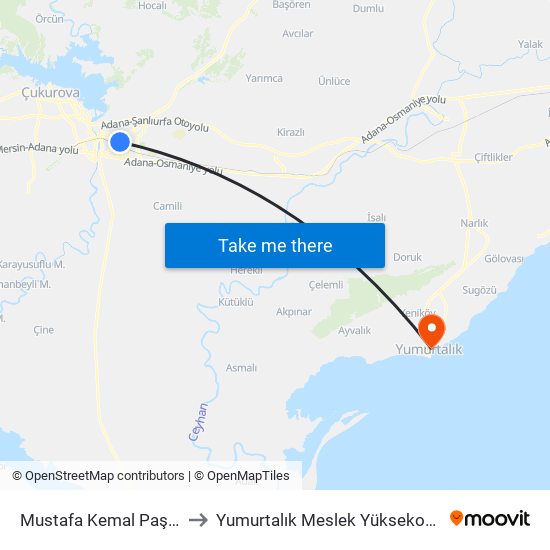 Mustafa Kemal Paşa 1 to Yumurtalık Meslek Yüksekokulu map