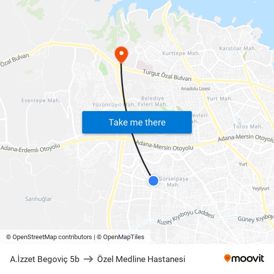 A.İzzet Begoviç 5b to Özel Medline Hastanesi map