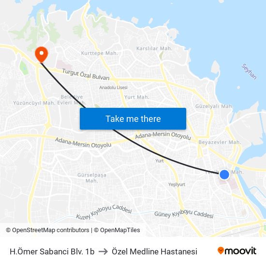 H.Ömer Sabanci Blv. 1b to Özel Medline Hastanesi map