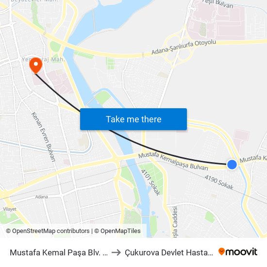 Mustafa Kemal Paşa Blv. 11b to Çukurova Devlet Hastanesi map