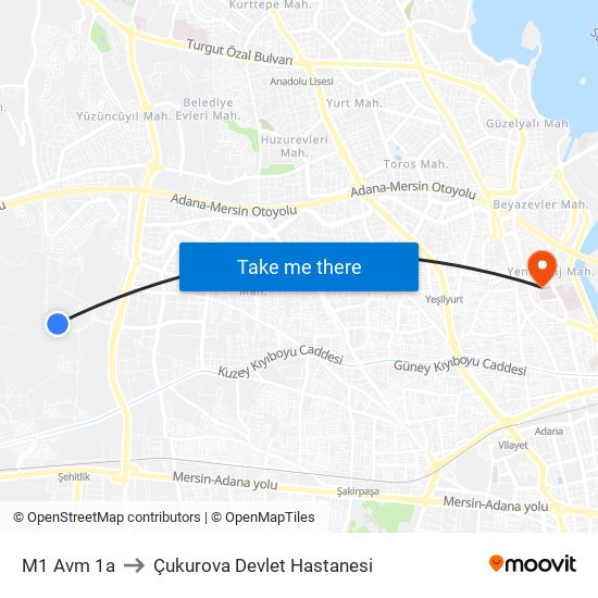 M1 Avm 1a to Çukurova Devlet Hastanesi map