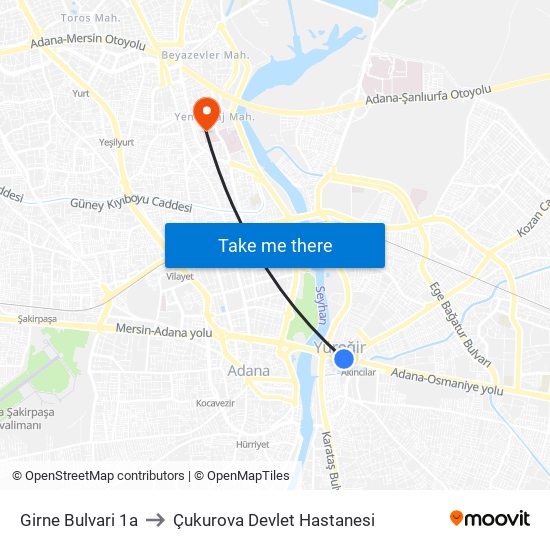 Girne Bulvari 1a to Çukurova Devlet Hastanesi map