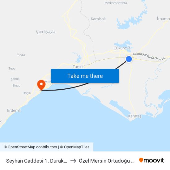 Seyhan Caddesi 1. Durak Taşköprü to Özel Mersin Ortadoğu Hastanesi map