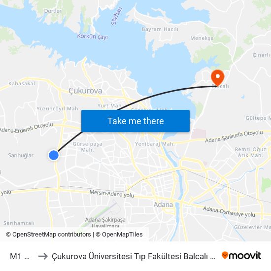 M1 Avm 3a to Çukurova Üniversitesi Tıp Fakültesi Balcalı Hastanesi (Ç. Ü. Balcalı Hastanesi) map