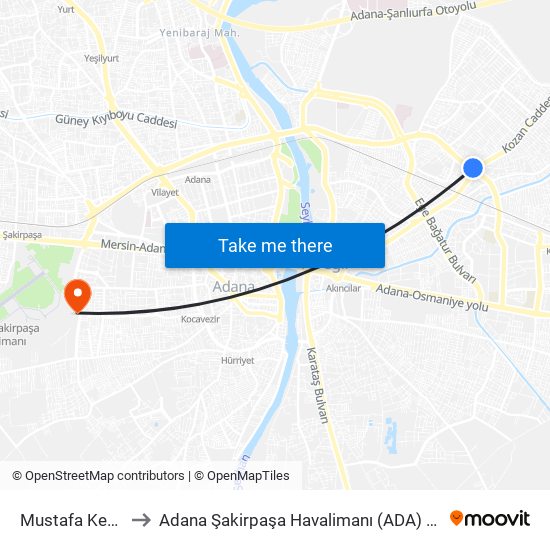 Mustafa Kemal Paşa 1 to Adana Şakirpaşa Havalimanı (ADA) (Adana Sakirpasa Airport) map