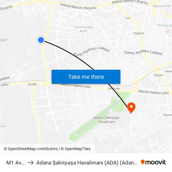 M1 Avm 3a to Adana Şakirpaşa Havalimanı (ADA) (Adana Sakirpasa Airport) map