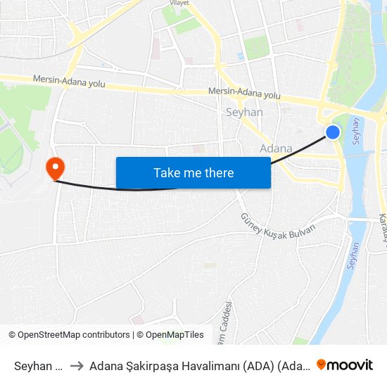 Seyhan Cd. 1a to Adana Şakirpaşa Havalimanı (ADA) (Adana Sakirpasa Airport) map