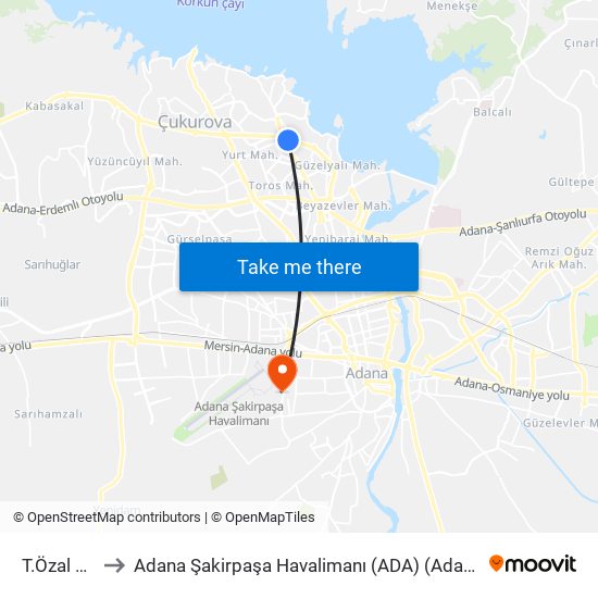 T.Özal Blv. 9b to Adana Şakirpaşa Havalimanı (ADA) (Adana Sakirpasa Airport) map