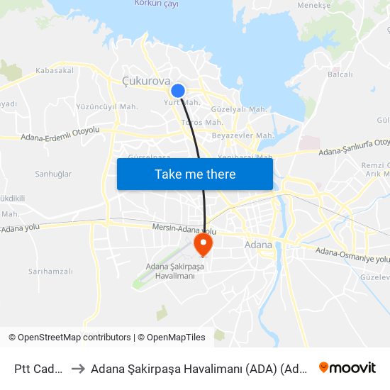 Ptt Caddesi -8 to Adana Şakirpaşa Havalimanı (ADA) (Adana Sakirpasa Airport) map