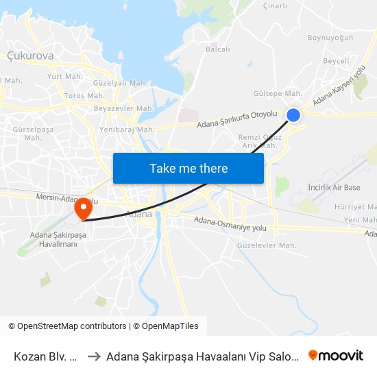 Kozan Blv. 2a to Adana Şakirpaşa Havaalanı Vip Salonu map