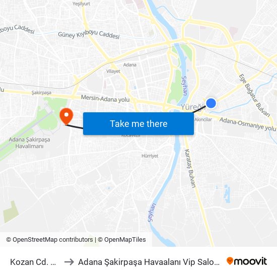 Kozan Cd. 1b to Adana Şakirpaşa Havaalanı Vip Salonu map