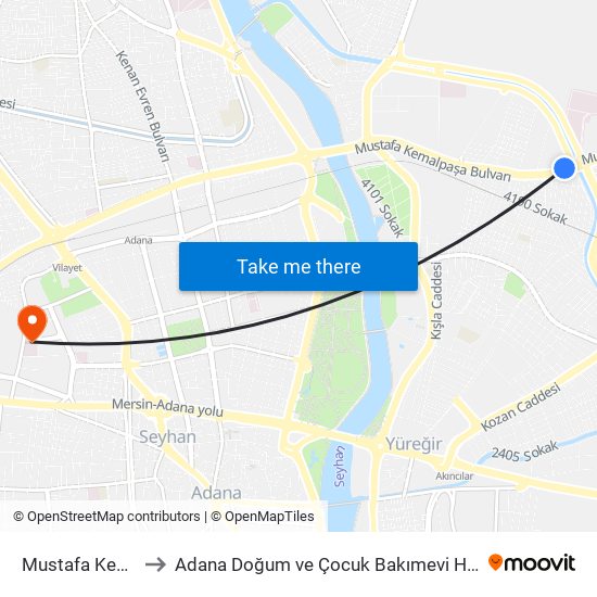 Mustafa Kemal Paşa Blv. 11b to Adana Doğum ve Çocuk Bakımevi Hastanesi (Adana Doğ. ve Çoc. Bakımevi H) map