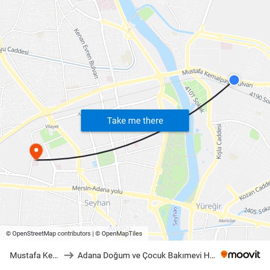 Mustafa Kemal Paşa Blv. 9b to Adana Doğum ve Çocuk Bakımevi Hastanesi (Adana Doğ. ve Çoc. Bakımevi H) map