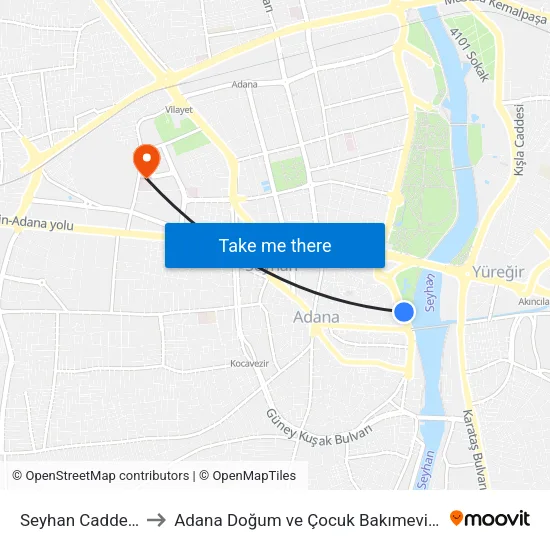Seyhan Caddesi 1. Durak Taşköprü to Adana Doğum ve Çocuk Bakımevi Hastanesi (Adana Doğ. ve Çoc. Bakımevi H) map