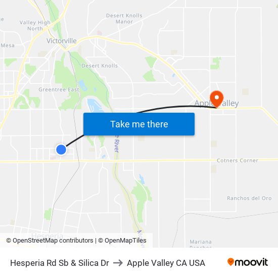 Hesperia Rd Sb & Silica Dr to Apple Valley CA USA map