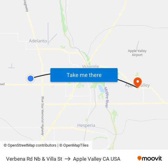 Verbena Rd Nb & Villa St to Apple Valley CA USA map