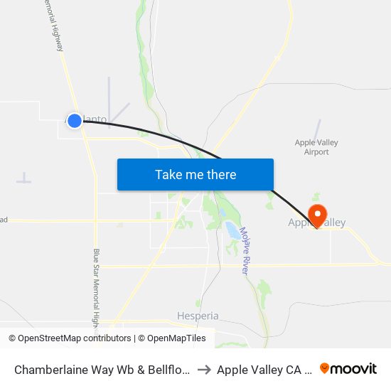 Chamberlaine Way Wb & Bellflower St to Apple Valley CA USA map