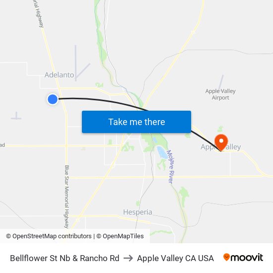 Bellflower St Nb & Rancho Rd to Apple Valley CA USA map