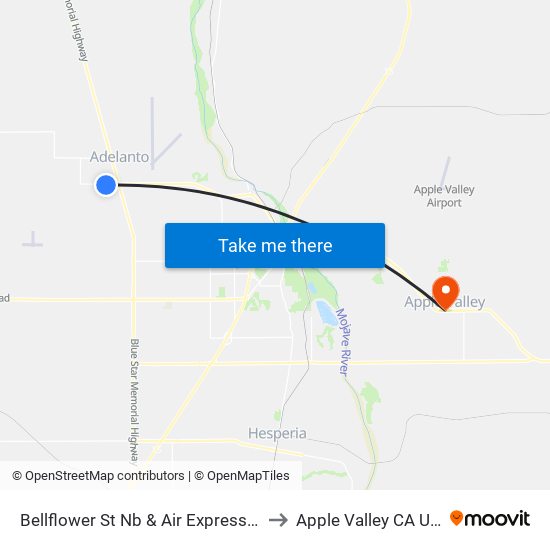 Bellflower St Nb & Air Expressway to Apple Valley CA USA map