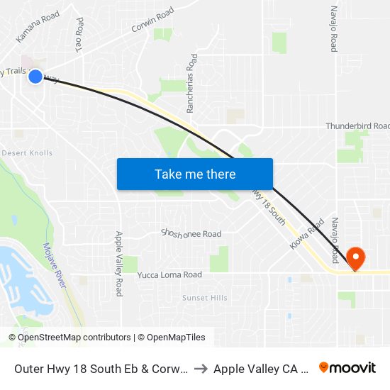 Outer Hwy 18 South Eb & Corwin Rd to Apple Valley CA USA map